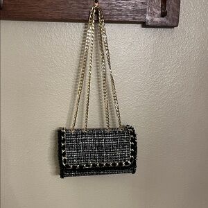 Chico’s Convertible Black and Gold Tweed Chain Bag Purse